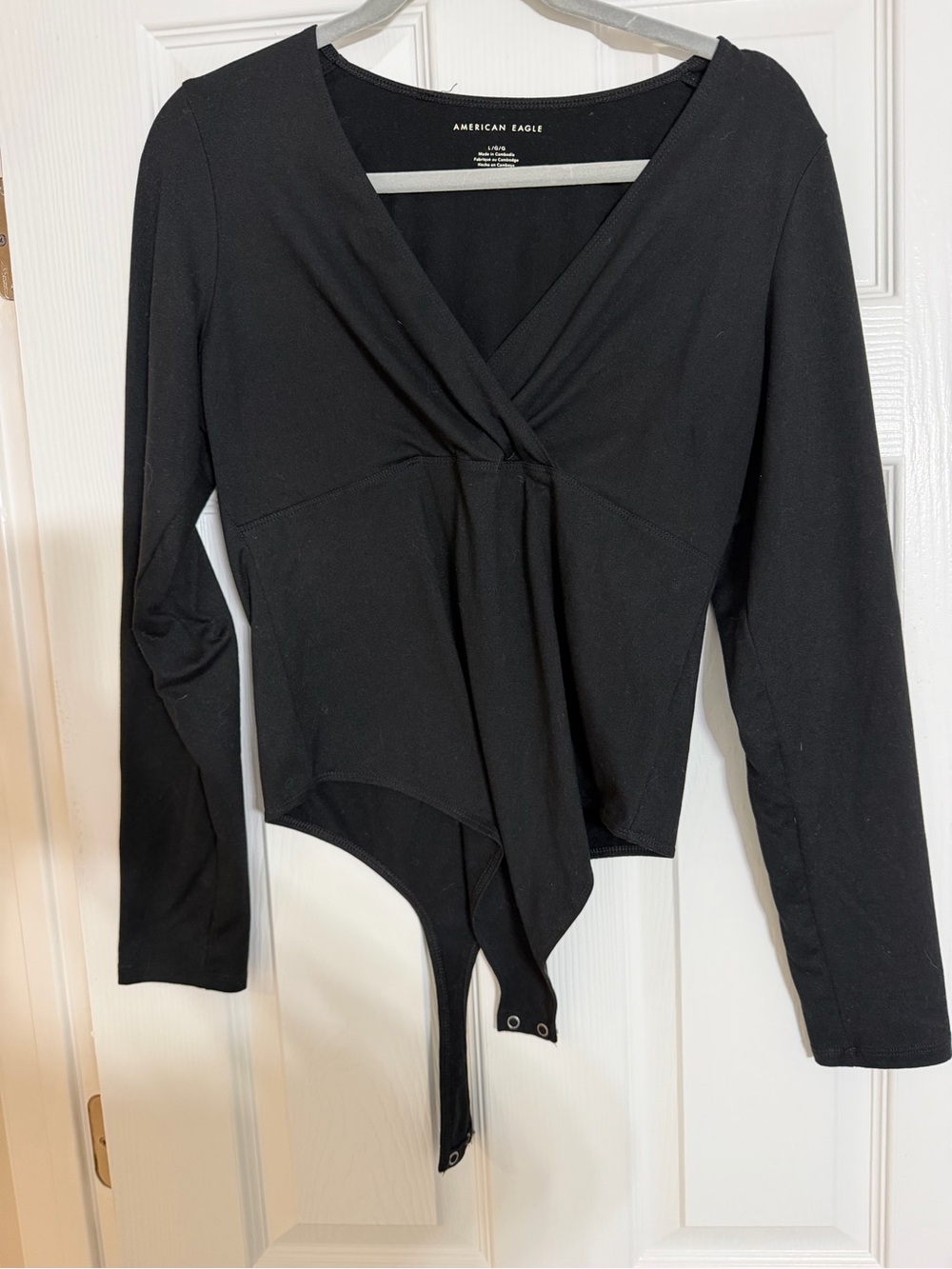 American Eagle Outfitters Black Long-Sleeve Wrap-Front Bodysuit